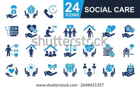 Social Care Icons set vector illustration. Containing disaster relief, housing assistance, helpline, public health, wellness program and more. Simple solid icons collection.