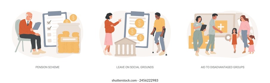 Social care isolated concept vector illustration set. Pension scheme, leave on social grounds, aid to disadvantaged groups, retirement plan, care for sick people, volunteer help vector concept.