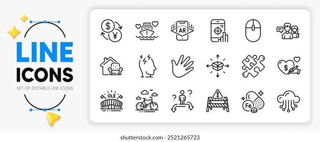 Social care, Parcel delivery and Cloud storage line icons set for app include Computer mouse, Bike rental, Iron outline thin icon. Currency exchange, Furniture moving. Vector