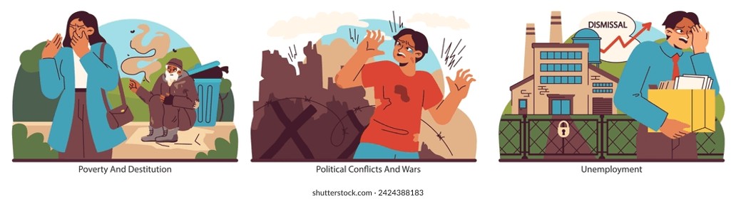 Social challenges set. Depictions of destitution, armed conflict, and job loss. Emotional and economic turmoil faced by individuals. Flat vector illustration.