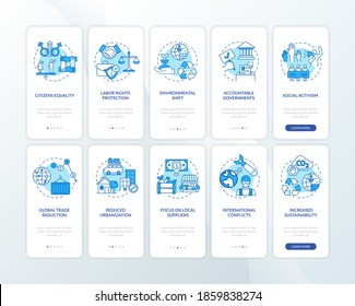 Social change advantages onboarding mobile app page screen with concepts set. Citizens equality, urbanization walkthrough 5 steps graphic instructions. UI vector template with RGB color illustrations