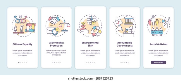 Social Change Benefits Onboarding Mobile App Page Screen With Concepts. Equality, Rights Protection Walkthrough 5 Steps Graphic Instructions. UI Vector Template With RGB Color Illustrations