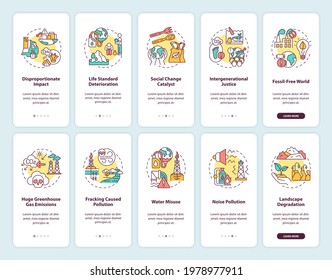 Social change catalyst onboarding mobile app page screen with concepts. Climate justice walkthrough 10 steps graphic instructions. Global warming. UI vector template with RGB color illustrations