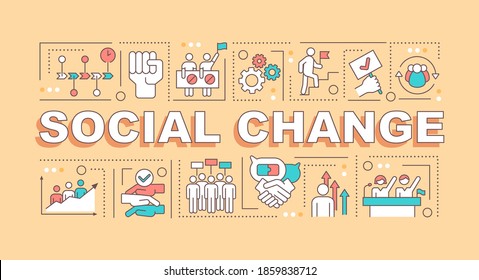 Social Change Word Concepts Banner. Collective Actions And Goal. Group Of Activists. Infographics With Linear Icons On Yellow Background. Isolated Typography. Vector Outline RGB Color Illustration