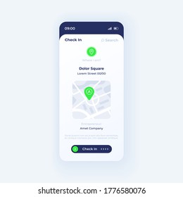 Social check in app smartphone interface vector template. Mobile app page light theme design layout. Checking place on map screen. Flat UI for application. Map with location mark on phone display