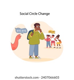 Social Circle Change concept. A hesitant boy says goodbye to one friend and contemplates joining a new group of peers, capturing the dynamic shifts in children's social lives. Flat vector illustration