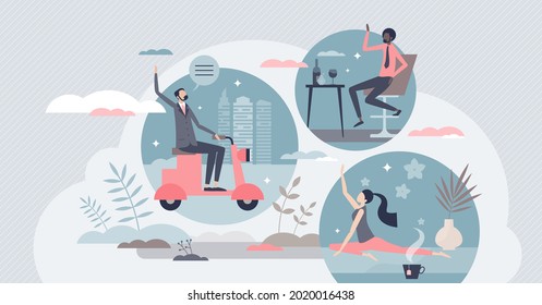 Social circle and different interests group connection tiny person concept. Communication and meetings together with various culture and ethnic connections vector illustration. People hobbies profiles