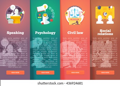 Social, civil and public relations. Civil law. Justice. Speaking skill of oratory. Education and science vertical layout concepts. Flat modern style.