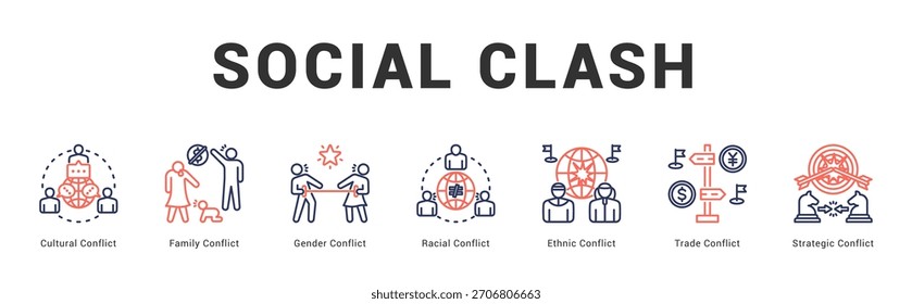 Social Clash Ilustración de Anuncio de Web moderno y limpio con íconos temáticos para la comunicación visual