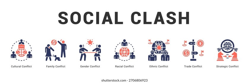 Social Clash Ilustración de Anuncio de Web moderno y limpio con íconos temáticos para la comunicación visual