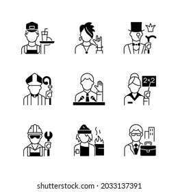 Social Class Black Linear Icons Set. Working Poor. Subculture Group. Aristocratic Elite. Clergy Status. White, Blue, Pink Collar Workers. Glyph Contour Symbols. Vector Isolated Outline Illustrations