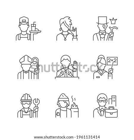 Social class linear icons set. Working poor. Subculture group. Aristocratic elite. Clergy status. Customizable thin line contour symbols. Isolated vector outline illustrations. Editable stroke