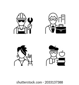 Social Classification Black Linear Icons Set. Blue And White Collar Workers. Subculture Group. Intelligentsia Class. Classes In Society. Glyph Contour Symbols. Vector Isolated Outline Illustrations