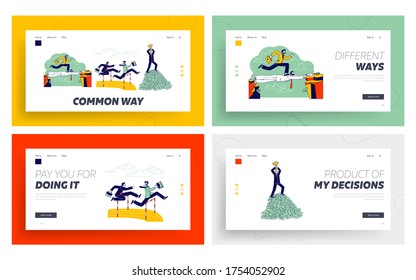 Conjunto de plantillas de la página de aterrizaje del escalador social. Carrera de Carrera Empresarial Salta sobre Barrera. Empresario caminando sobre la cabeza de la compañera de la universidad por encima de la Pila de Dinero con la Copa. Ilustración de vectores de personas lineales