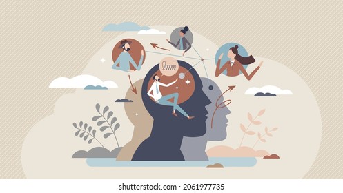 Social cognition as psychological mind interaction tiny person concept. Process, store and apply information about society members and make connections in brains or self perception vector illustration