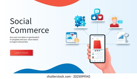 Social Commerce Banner. Social Media, Feedback, Native Advertising, Community, Influencer, Key Trend Icons. Web Vector Landing Page Template In 3D Style