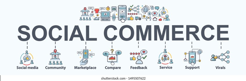 Social commerce banner web icon for e-commerce and social media marketing, community, platform, feedback, viral and marketplace. Flat vector infographic.