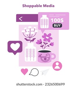 Social commerce. Business using shoppable social media for digital promotion and sales. Social network post with a link to the shop. Flat vector illustration