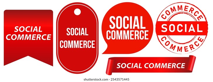 Social commerce commercial shop promotion public market advertisement retail media offer service stamp red badge sticker label emblem design icon set collection