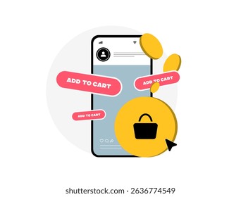 Social commerce concept. Social media shopping with add to cart icon. Mobile shopping experience buy now button, shoppable post, in-app purchases, mobile commerce, click to buy vector illustration
