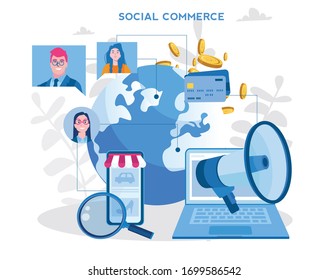Social commerce , e-commerce and social media marketing, Vector illustration for web banner, infographics, mobile. , community, feedback, marketplace. 