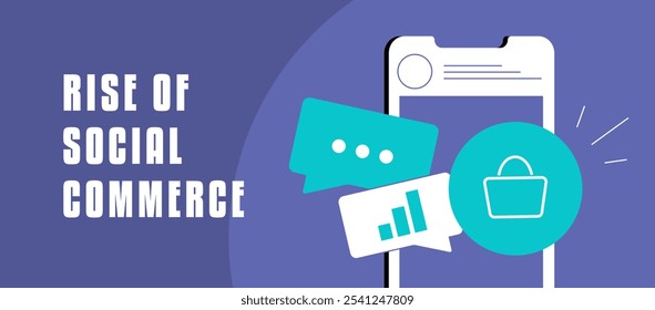 Social commerce growth banner featuring online shopping through social media, in-app purchases, user engagement and sales increase. Rise of social commerce trends and social media marketing