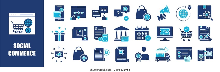 Social Commerce icon collection set. Containing design, business, technology, online, social, marketing,and more. Solid vector icons collection.	