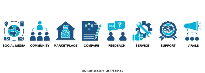 Social commerce icon set In Blue Monochrome Flat Design, Vector Illustration concept relate to icon of social media, community, marketplace, compare, feedback, service, support and virals