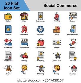 Colección de conjunto de iconos de comercio social. Con Cartera, Tienda, Comercio Electrónico, Etiqueta De Venta, Revisión, Catálogo, Best Seller, Descuento, Stock, Pago, Transacción, Consumerism. Ilustración vectorial plana simple.