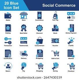 Social Commerce Icon Set Collection. Containing Wallet, Store, Ecommerce, Sale Tag, Review, Catalog, Best Seller, Discount, Stock, Payment, Transaction, Consumerism. Simple Blue Vector Illustration.