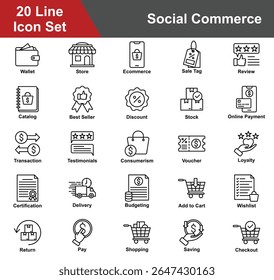 Colección de conjunto de iconos de comercio social. Con Cartera, Tienda, Comercio Electrónico, Etiqueta De Venta, Revisión, Catálogo, Best Seller, Descuento, Stock, Pago, Transacción, Consumerism. Ilustración vectorial de línea simple.