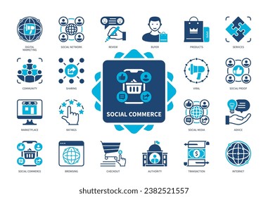 Conjunto de iconos de Comercio Social. Marketplace, Medios Sociales, Comprador, Virales, Reseña, Comunidad, Autoridad, Prueba Social. Iconos sólidos de color Duotone