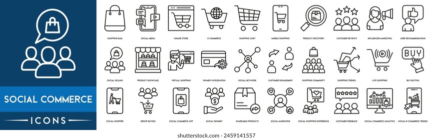 Social Commerce icon. Shopping Bag, Social Media, Online Store, E-commerce, Shopping Cart ,Mobile Shopping, Product Discovery, Customer Reviews, Influencer Marketing, User Recommendations