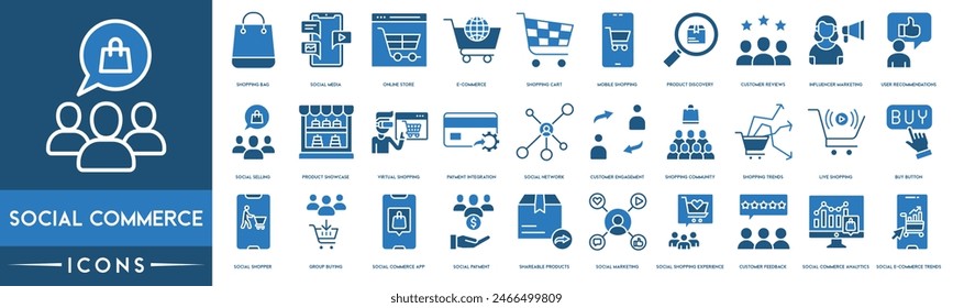 Social Commerce icon. Shopping Bag, Social Media, Online Store, E-commerce, Shopping Cart ,Mobile Shopping, Product Discovery, Customer Reviews, Influencer Marketing, User Recommendations