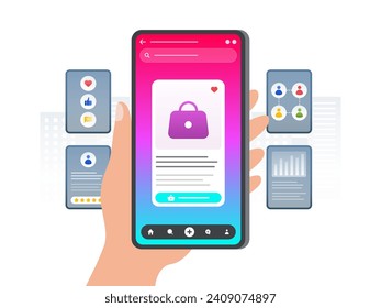 Social commerce illustration. Social media, feedback, native advertising, community, influencer, key trend icons. Using smartphone with hand flat vector illustration