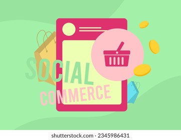 Social Commerce - part of ecommerce, involves shoppers buying products directly on social media platforms. Social Shopping with programmatic advertising media trends. Vector illustration with icons