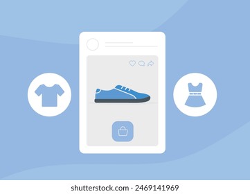 Social commerce transforms shopping with buy on social media marketplaces. Social media retail, shoppable posts and influencer commerce to boost sales and explore new trends. Vector illustration