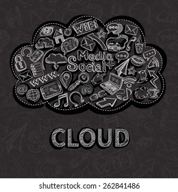 Social communication background with chalkboard doodle icons in cloud vector illustration