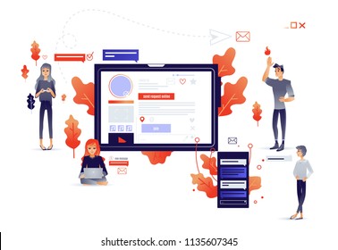 Social communication concept with cartoon people connecting with internet network and devices - information exchange through gadgets and online services in isolated vector illustration.