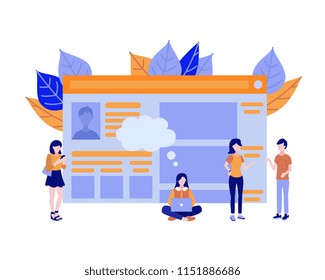 Social communication concept - flat characters with various digital devices connecting and communicating due to internet. People near big pc screen with social network in vector illustration.