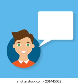 Social communication concept, man character with white speech bubble, vector Illustration