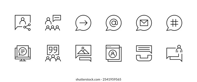 Conjunto de ícones de comunicação social. Conversa, discussão, suporte, ajuda, contato, bate-papo, serviço comercial, discussão em grupo, informações e muito mais. Traçado editável. Pixel perfeito. Grade de 32px.