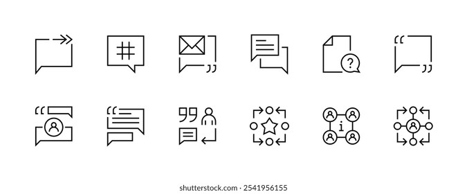 Symbolsatz für soziale Kommunikation. Kundendienst, Hilfe, Diskussion, Zufriedenheit, Kommentar, Feedback, Info und mehr. Bearbeitbarer Strich. Pixel perfekt. Gitterbasis 32px.