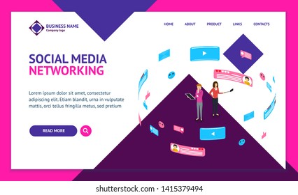 Social Communication Internet Networks Connection Concept Landing Web Page Template 3d Isometric View with Heart Shape Symbol of Love. Vector illustration
