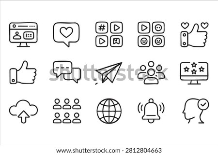 Social communication line icons featuring like chat upload and notification symbols