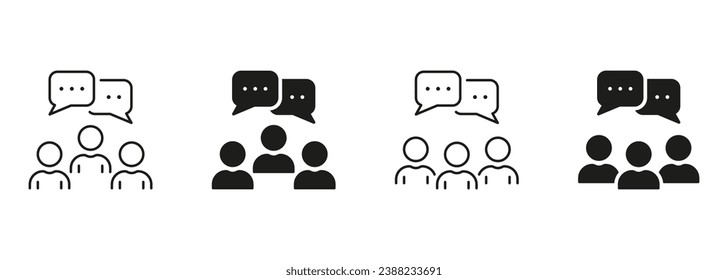 Social Communication Line and Silhouette Icon Set. Speak At Meeting Pictogram. Business Discussion Symbol Collection. Work Community Sign. People With Speech Bubble. Isolated Vector Illustration.