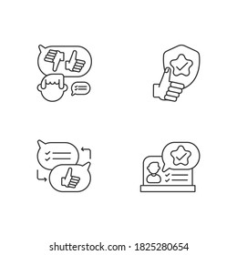 Social communication linear icons set. Decision making, reliability, criticism and feedback customizable thin line contour symbols. Isolated vector outline illustrations. Editable stroke