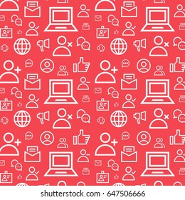 Social communication seamless flat vector pattern background. Network icons set texture