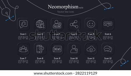 Social communication set icon. Neomorphism collection with messaging bubbles, follower profiles, sharing networks, reaction counters, smartphone dialogue, digital interaction graphics.
