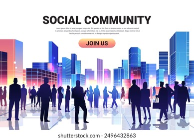 Social community urban people skyline silhouettes Modern cityscape with diverse people silhouettes colorful buildings background